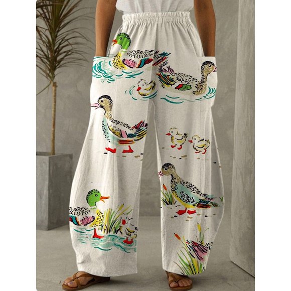 Briteneye XL New Women's Vintage Animal Duck Print Casual Pants - Picture 8 of 9